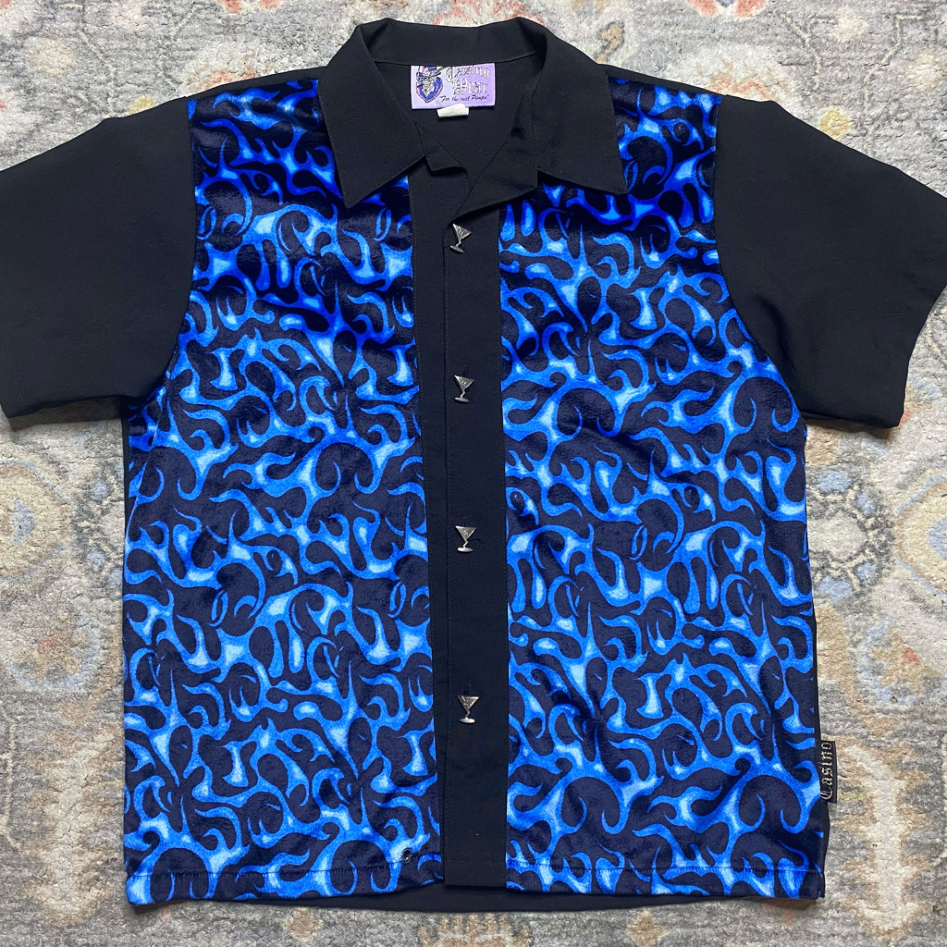 Vintage Y2k Casino Wear Blue Flame Button Down Martini Button Down Shirt Sz Xl